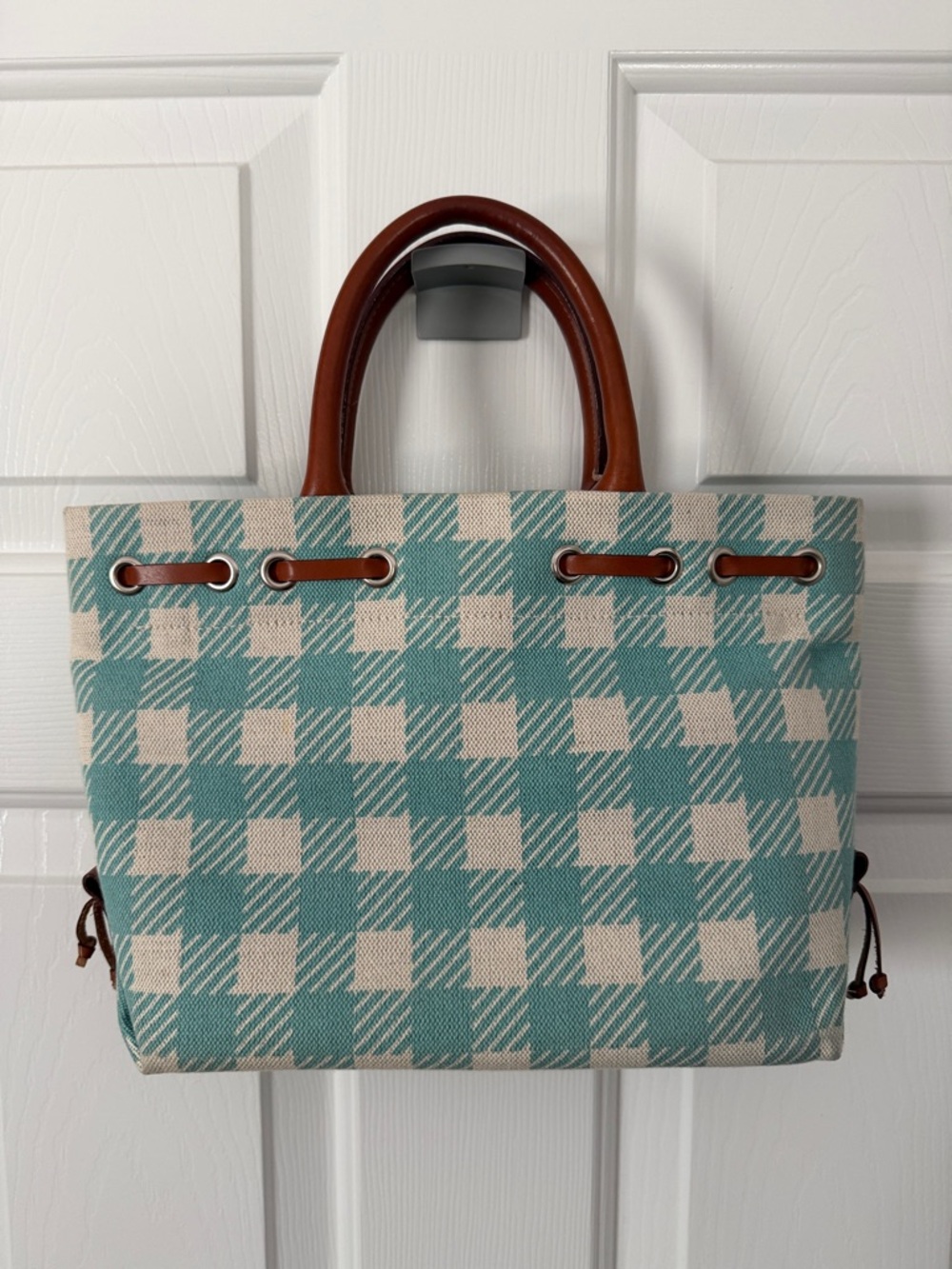 Dooney & Bourke Teal and Cream Plaid Canvas Small Tulip Tassel Tote - Picture 3 of 16